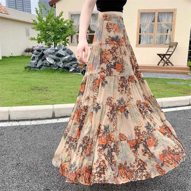 Retro Floral Pleated to Ankle f Skirt Women's Draped High Waist Midi A-Line Skirt Polyester Fiber Spring Season