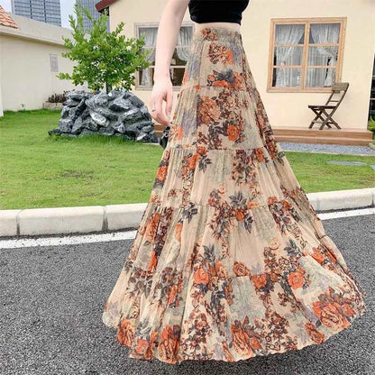 Retro Floral Pleated to Ankle f Skirt Women's Draped High Waist Midi A-Line Skirt Polyester Fiber Spring Season