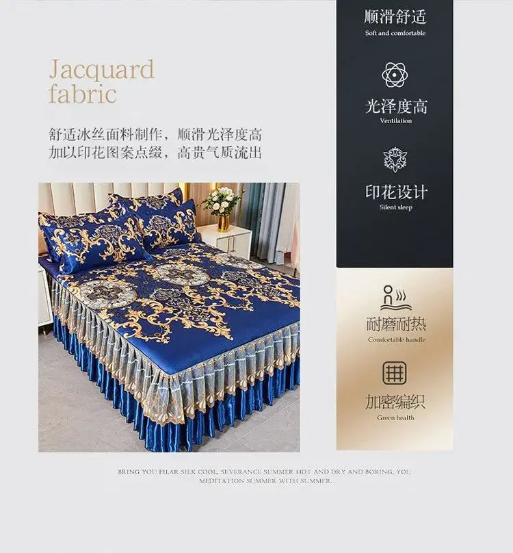 3Pcs/Lot Double Bed Sheet Set Classic Lace Royal Blue Bed Sheet Bed Skirt