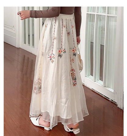 Chinese Style Retro Long Skirt Flowers Embroidered Summer Fairy Skirt Elastic Waist Gauze Skirt Party Lady A-line Skirts