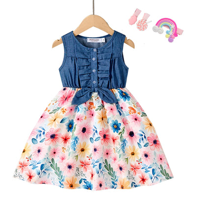 New Kids Girl Dress Summer Floral with Bow Fashion White Vestidos Short Sleeve Children Clothing Outfits Casual Printed  Dresses