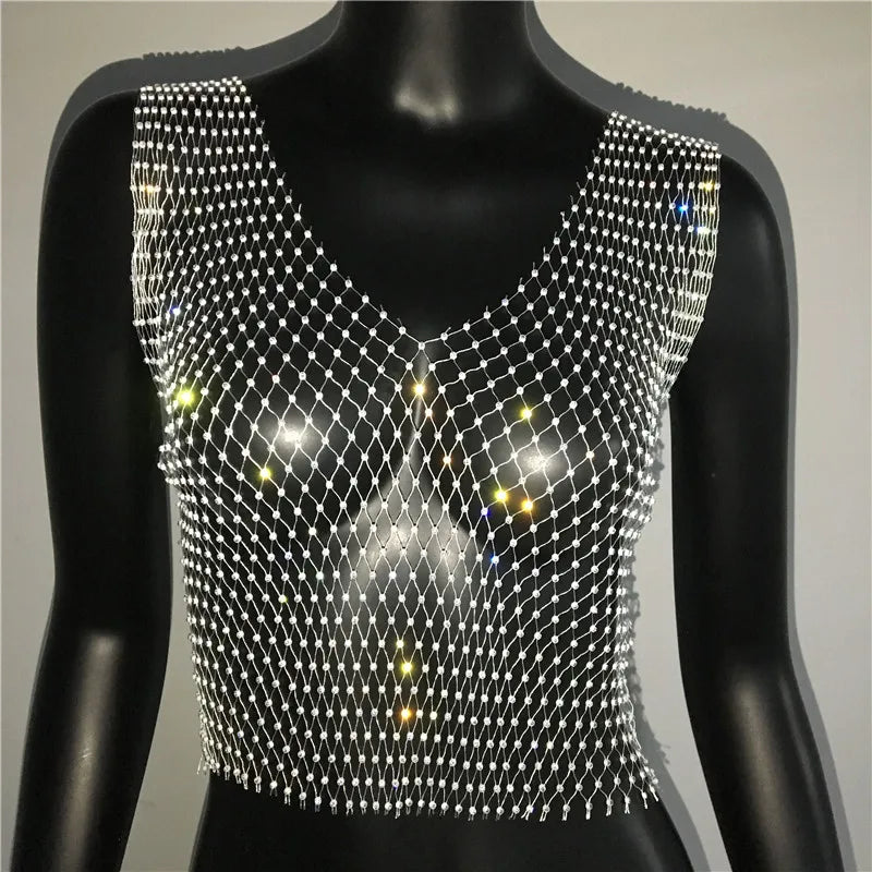 Women's Fishnet Rhinestone Crop Top 2024 Summer Sexy Mesh High Elastic Black White Shirt Net See Through Rave Diamond Tank Top - AMULET RING STORE