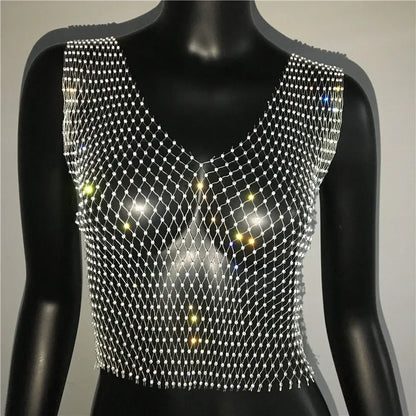 Women's Fishnet Rhinestone Crop Top 2024 Summer Sexy Mesh High Elastic Black White Shirt Net See Through Rave Diamond Tank Top - AMULET RING STORE