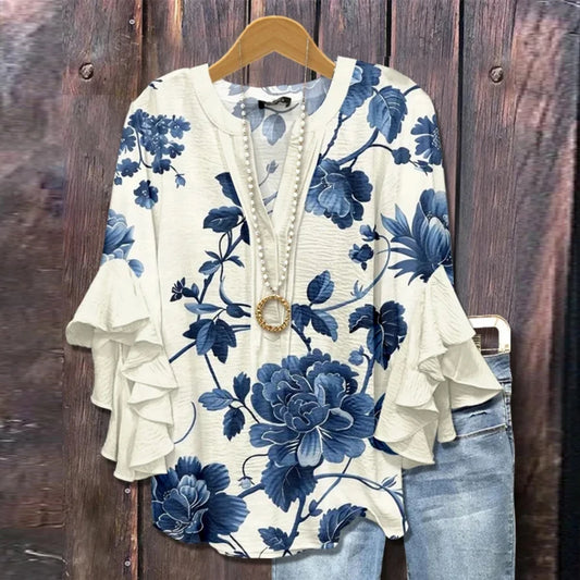 Plus Size Vintage Floral Printed Women Blouse Deep V-Neck Wrinkled Texture Ruffle 3/4 Sleeves Shirts Female Casual Loose Blouses