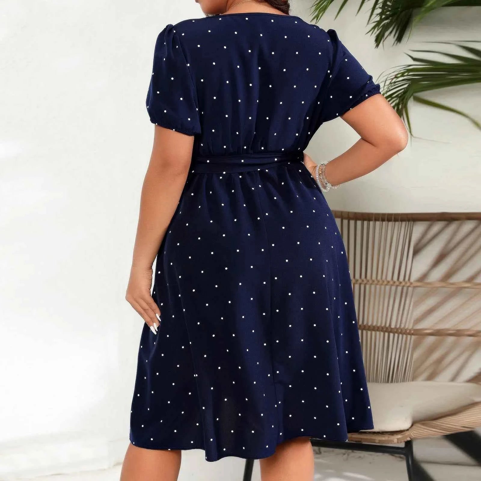 Plus Size Ladies Elegant Retro Polka Dot Waist Tie Square Neck Dress Classic Fashion Summer Short Sleeve Vacation A-line Skirt