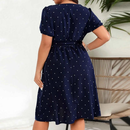 Plus Size Ladies Elegant Retro Polka Dot Waist Tie Square Neck Dress Classic Fashion Summer Short Sleeve Vacation A-line Skirt