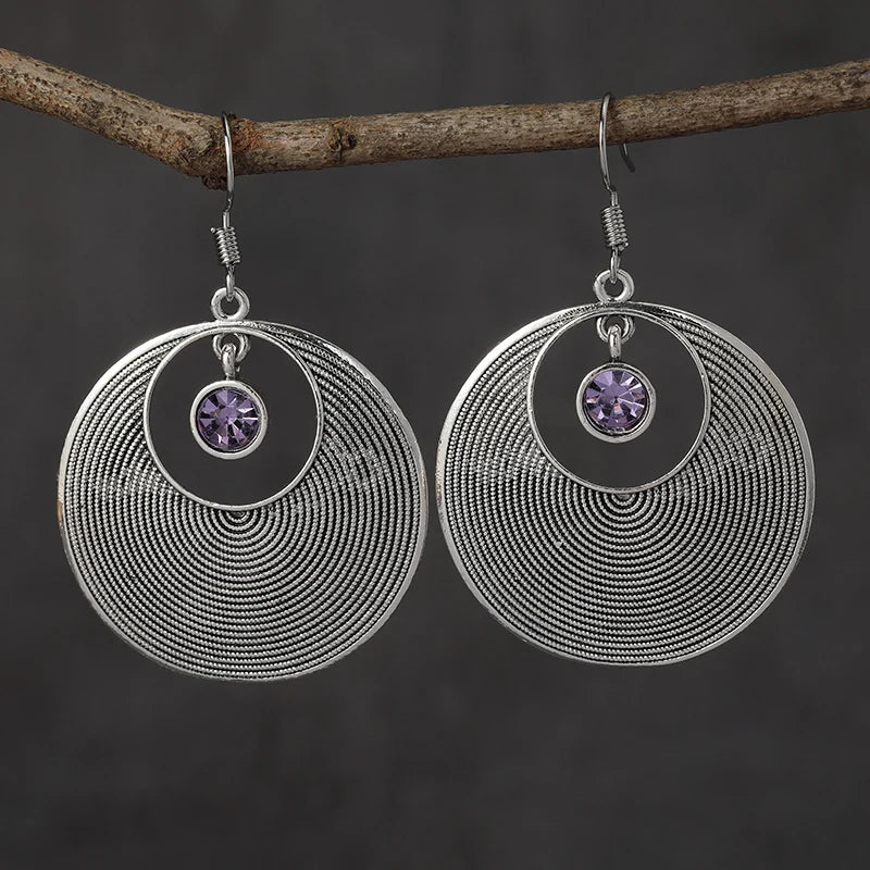 Vintage Style Big Round Shape Drop Earrings Inlaid Shiny Synthetic Gems Boho Style Hook Earrings