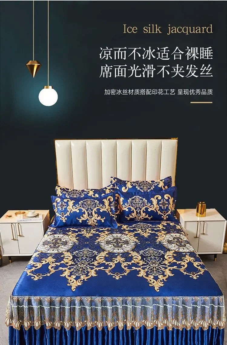 3Pcs/Lot Double Bed Sheet Set Classic Lace Royal Blue Bed Sheet Bed Skirt