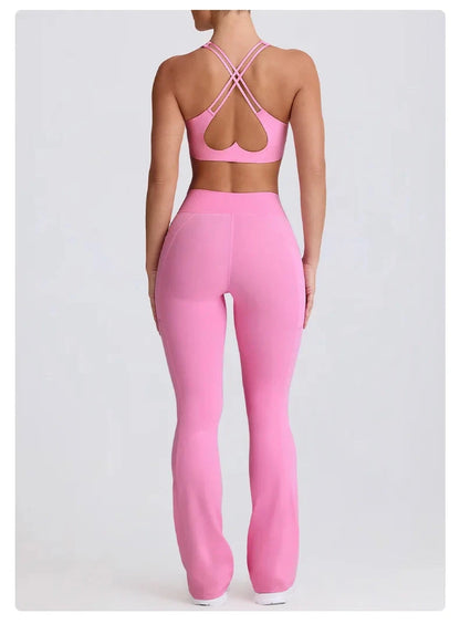 2PCS Yoga Set Women Sports Bra Sexy Gym Top Cross Strap Breathable Fitness Bra Peach Hip Yoga Pants Workout Clothes Sportswear