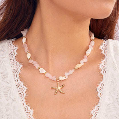 Bohemian Starfish Pendant Bracelet for Women Handmade Crushed Stone Beaded Bracelet Summer Beach Jewelry Travel Accessory Gift