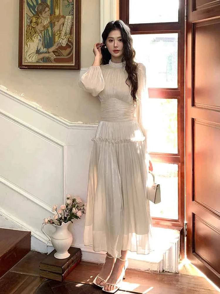 Elegant Summer Sation Long Sleeve Maxi Dresses Women Solid Fashion Ruffle Pleated Shiny Sweet Autumn Dress