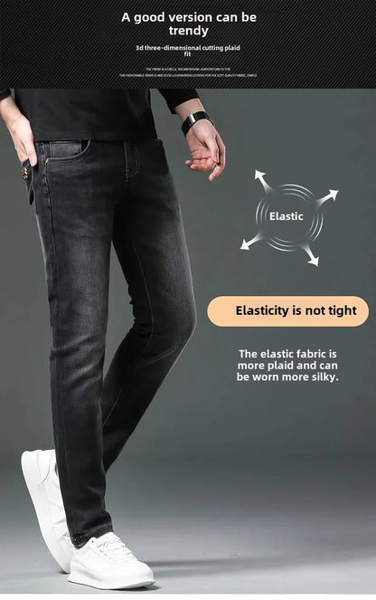 H Home Autumn/Winter Thickened European Style High-End Jeans Men's Trendy Brand Slims Smooths Your Silhouette Small Footed Trend