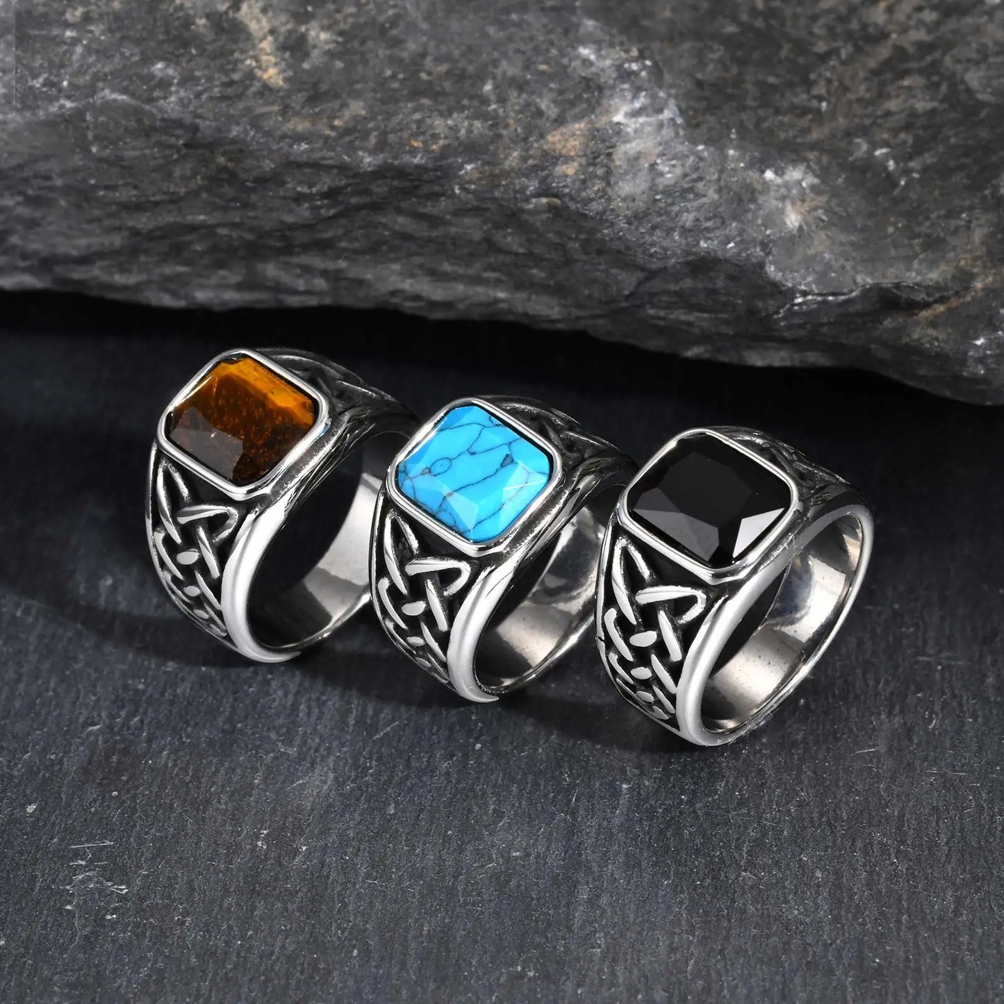 Punk Viking Knot Rings for Men,Vintage Square Natural Stone Signet Ring,Retro Ethnic Rock Jewelry Gift