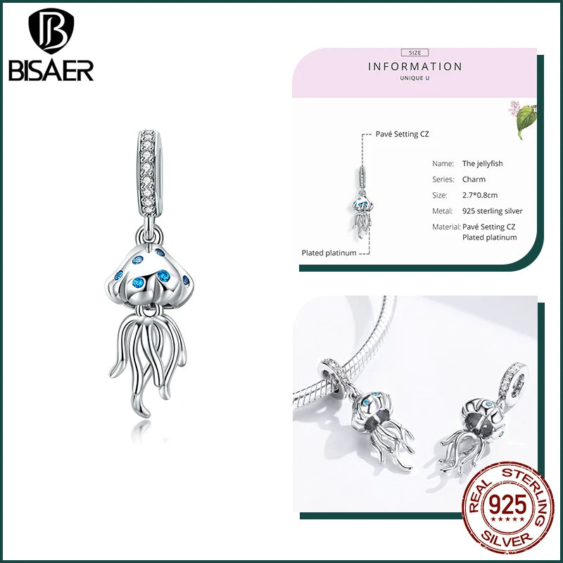 BISAER 925 Sterling Silver Charm Ocean Style Fish Dolphin Mermaid Shell Blue CZ Bead For Necklace&Bracelet DIY Fine Jewelry Gift - AMULET RING STORE