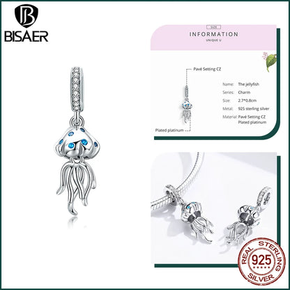 BISAER 925 Sterling Silver Charm Ocean Style Fish Dolphin Mermaid Shell Blue CZ Bead For Necklace&Bracelet DIY Fine Jewelry Gift - AMULET RING STORE