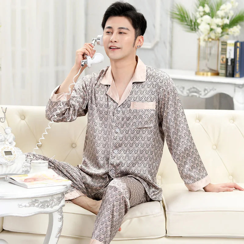 High Quality Pajamas Set Men Spring Autumn Thin Polyester Ice Silk Long-sleeved Sleepwear Plus Size Summer Home Clothes Male