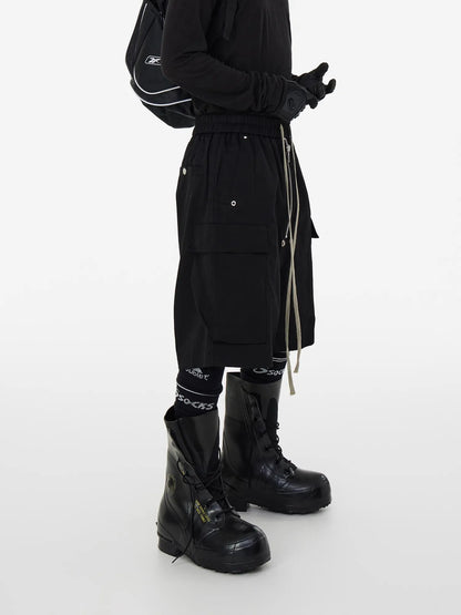 Mauroicardi Spring Summer Cool Handsome Hard Black Cargo Shorts for Men High Waist Drawstring Short Straight Pants Clothes 2025