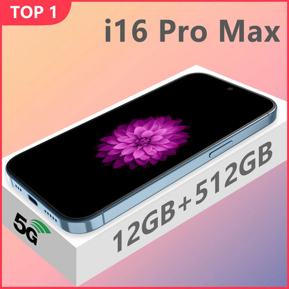 Global Version I16 Pro Max Smartphone Android,6.8'',12GB RAM 512GB ROM,Dual SIM,Mobile phones,Google Play Store,24+48MP,6800mAh - AMULET RING STORE