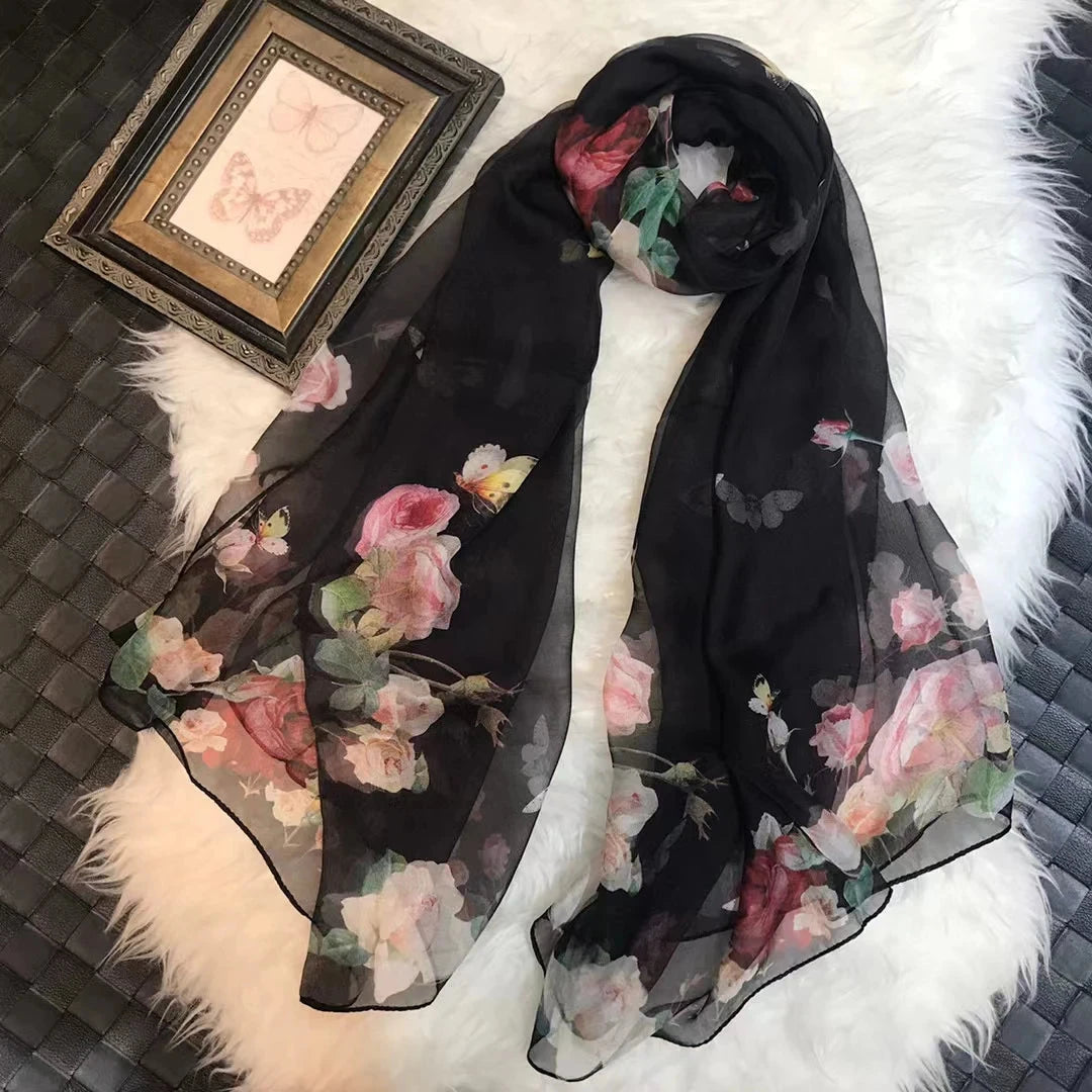 BYSIFA|New Black Pink Peony 100% Silk Shawl Scarf Women Chiffon Long Silk Scarves Cape Summer Foulard Winter Brand Scarves Wraps