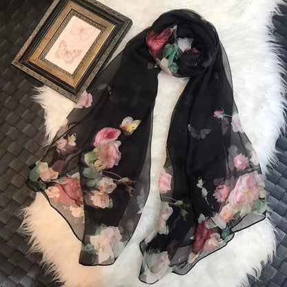 BYSIFA|New Black Pink Peony 100% Silk Shawl Scarf Women Chiffon Long Silk Scarves Cape Summer Foulard Winter Brand Scarves Wraps