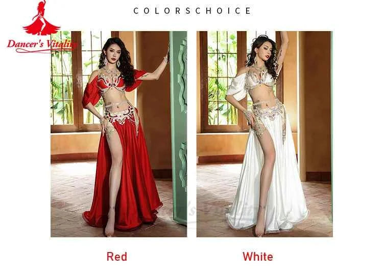 Belly Dance Performance Suit for Women Senior AB Stones Bra+satin Split Long Skirt 2pcs for Women Oriental Belly Dancing Outfit