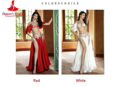 Belly Dance Performance Suit for Women Senior AB Stones Bra+satin Split Long Skirt 2pcs for Women Oriental Belly Dancing Outfit