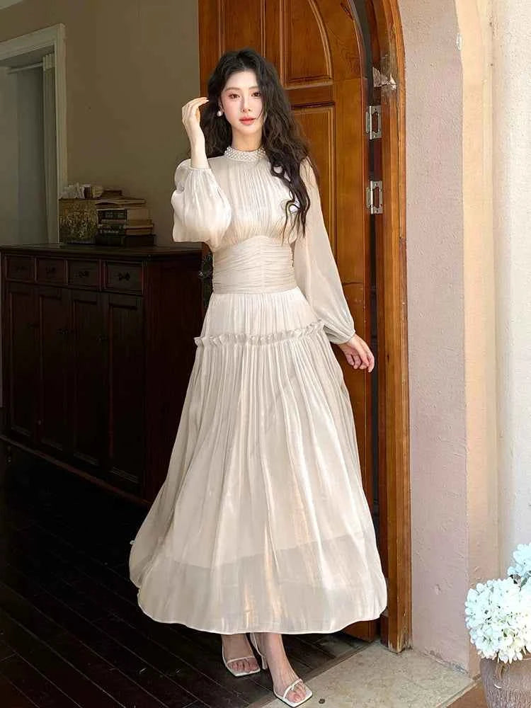 Elegant Summer Sation Long Sleeve Maxi Dresses Women Solid Fashion Ruffle Pleated Shiny Sweet Autumn Dress