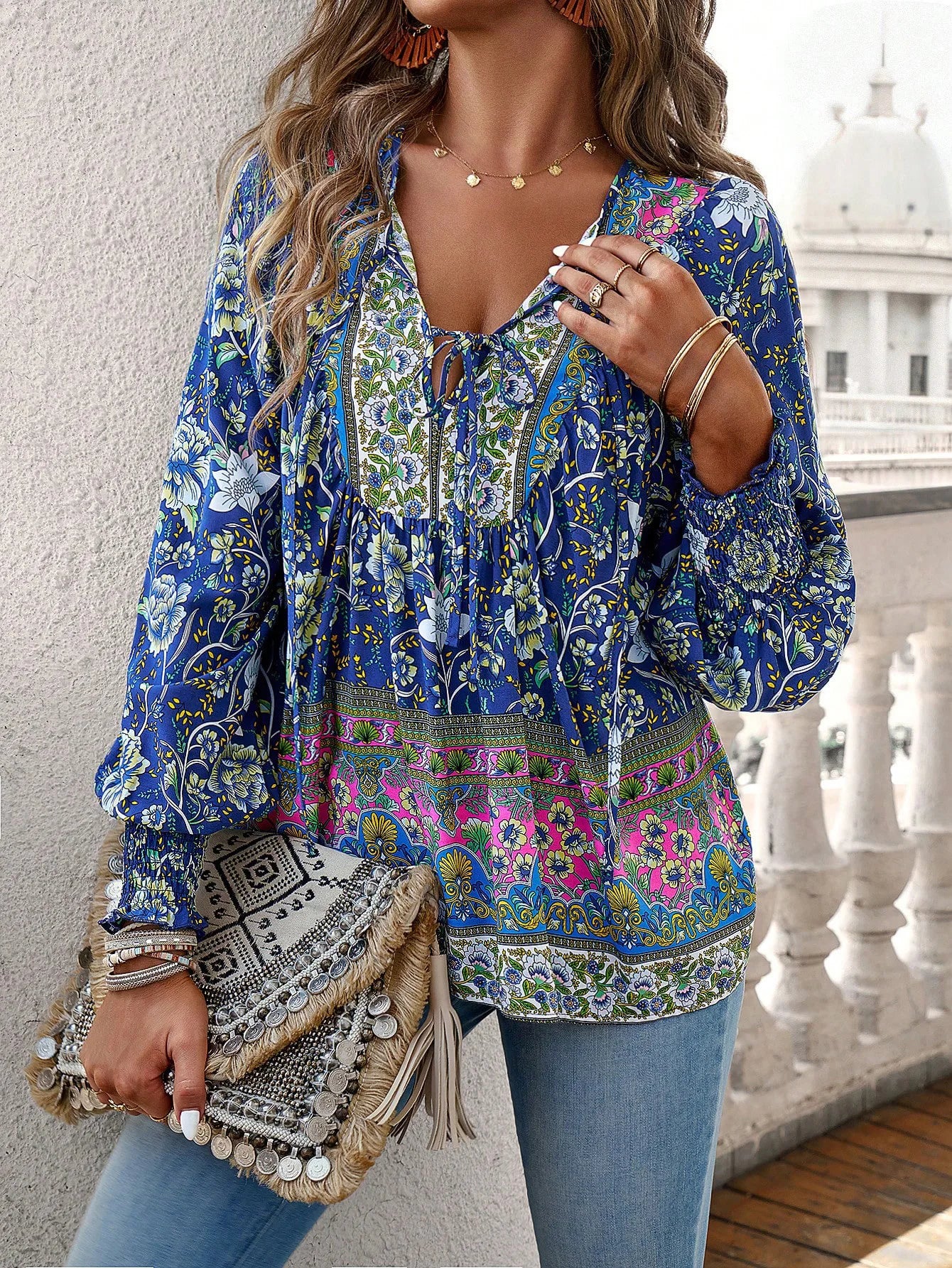 2024 Summer Fashion New Women's Elegant Casual Printed V-neck Shirt with Bubble Sleeves and Loose Commuting Style Top - AMULET RING STORE