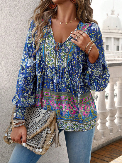 2024 Summer Fashion New Women's Elegant Casual Printed V-neck Shirt with Bubble Sleeves and Loose Commuting Style Top - AMULET RING STORE