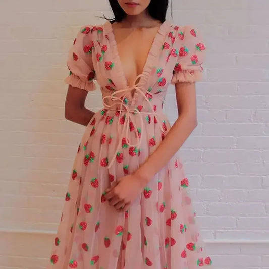 French Style Strawberry Two-tone V-neck Long Dress Sequins Ruffles Fashionable Net Yarn Sleeveless Robe