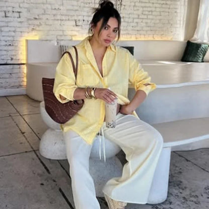 HXAO Women's Striped Shirt Long Sleeve Yellow Shirt Spring Summer Long Button Up Shirts And Blouses Casual Loose Fit Shirt