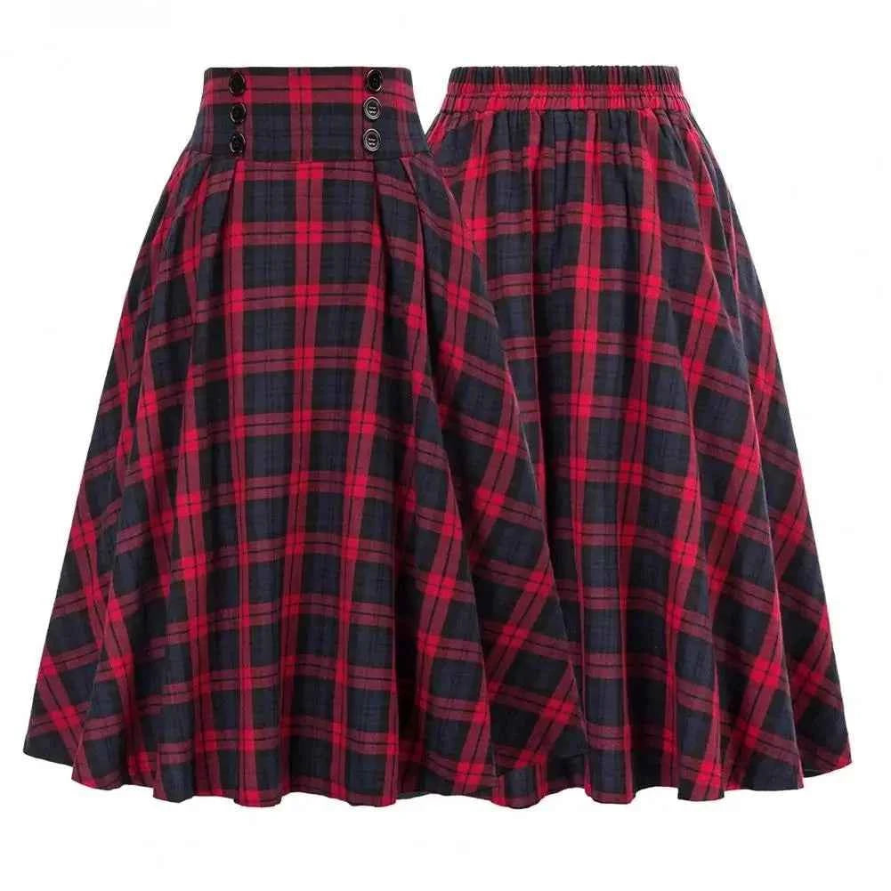 High Waist Plaid Swing Skirt Faionable Large Flounce Midi Skirt Women's Premium Clothing A-Line Silhouette Umbrella Skirt