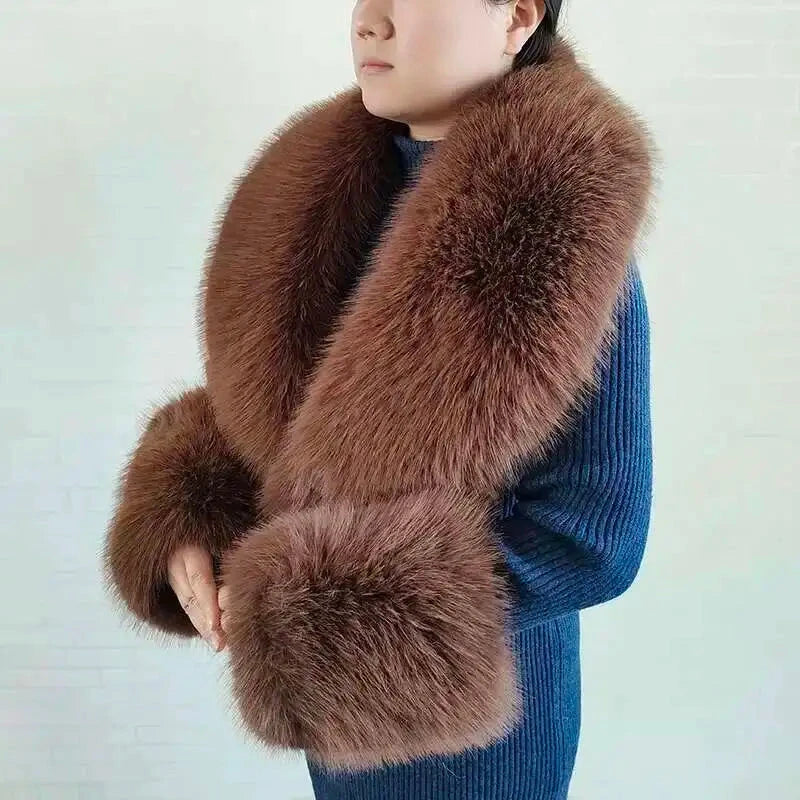 Large Winter Faux Fox Fur Scarf Women Jackets Warm Fluffy Shawl Fashion Artificial Fur Collar And Cuff Set Fluffy Scarves Female