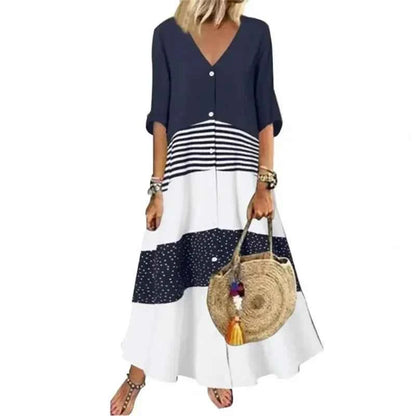Plus size summer Women's Fashion Short Sleeve Dress V-neck Printed Long Elegant Loose Dress Button Casual Large Women's Dress