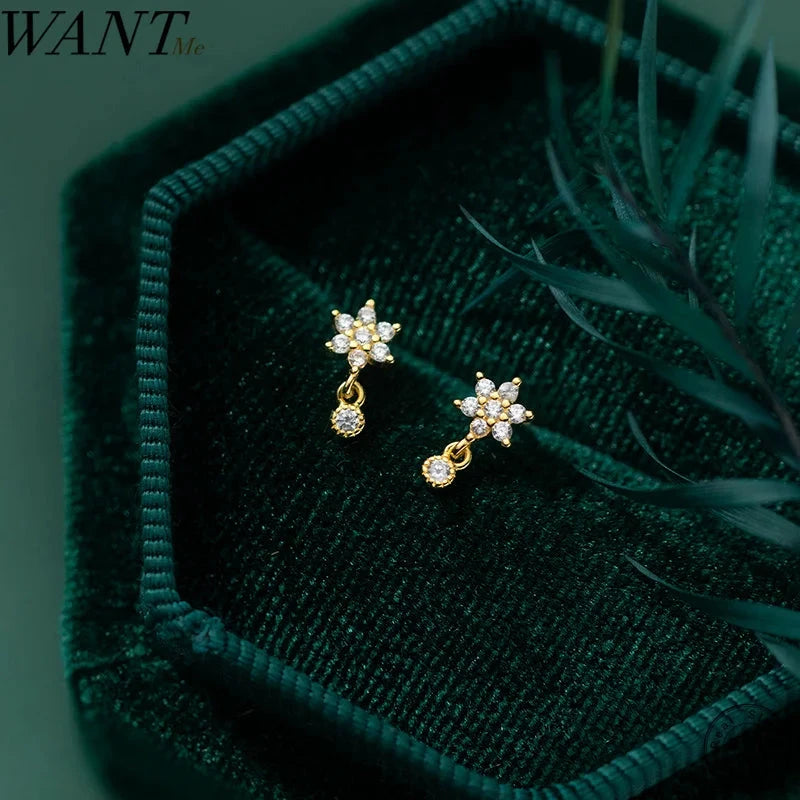 WANTME 925 Sterling Silver Fashion Sweet Flower Shiny Zircon Spiral Bead Stud Earrings for Women Cute Ear Bone Piercing Jewelry - AMULET RING STORE