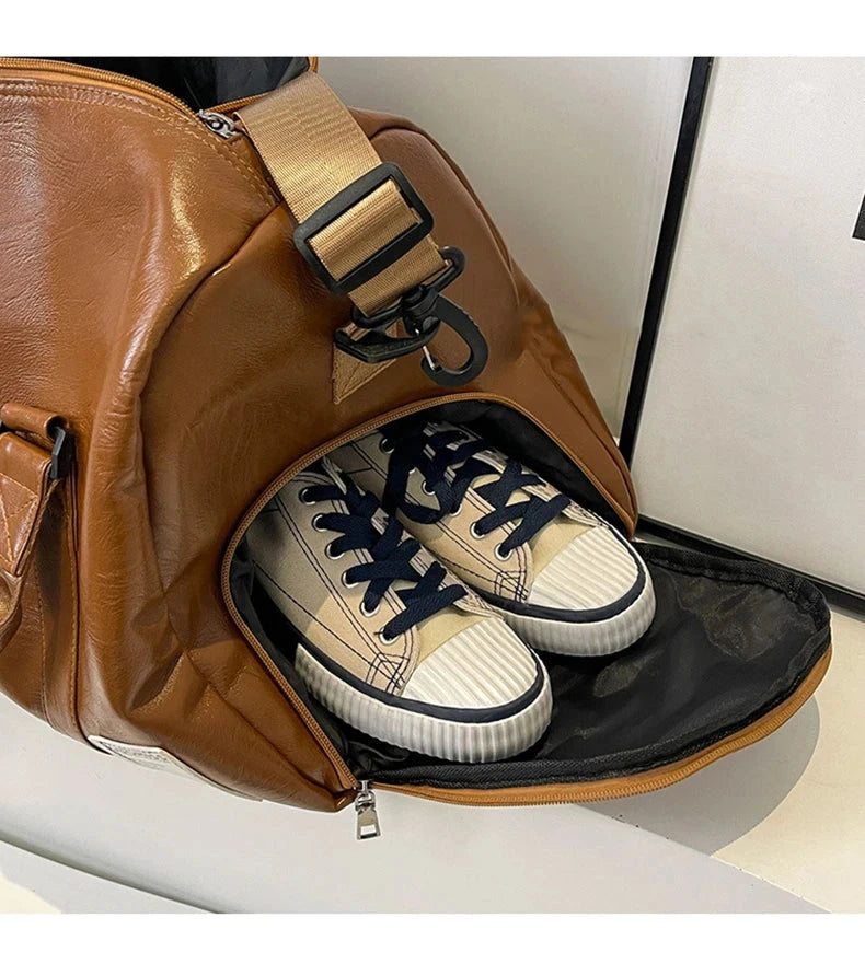 PU Travel Duffel Bag Waterproof Luggage Handbag with Shoes Pocket Weekender Overnight Daypack Dry Wet Sports Shoulder Tote Pack