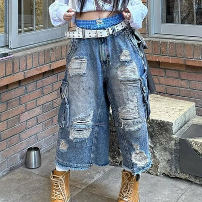 2025 American Vintage Old Baggy Slim Machete Denim Shorts Female Y2K Harajuku Hot Girl Washed Hole Denim Cropped Pants Tide - AMULET RING STORE