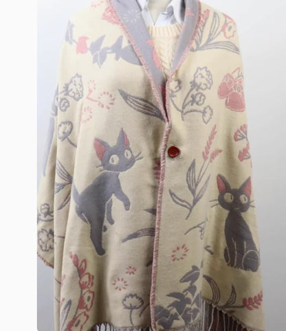 Scarf Shawl Button Dual-purpose Cute Cartoon Witch Kitten Scarf Winter Warm Cute Girl Thickened Warm Japanese Long Scarf Shawl - AMULET RING STORE