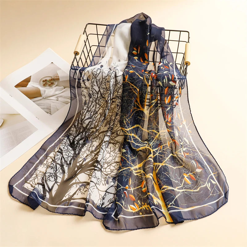 45*155cm Print Design Women Silk Scarf Shawl Elegant Headscarf Convinient Bandage Hijabs Chiffon Muslim Wrap Scarves - AMULET RING STORE