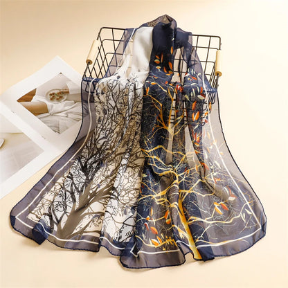 45*155cm Print Design Women Silk Scarf Shawl Elegant Headscarf Convinient Bandage Hijabs Chiffon Muslim Wrap Scarves - AMULET RING STORE