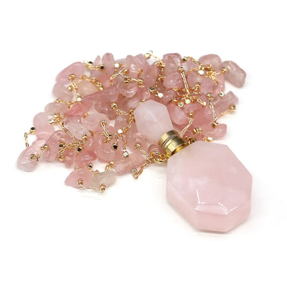 Natural Stone Rose Quartz Perfume Bottle Essential Oil Diffuser Reiki Healing Exquisite Necklace Jewelry Gift - AMULET RING STORE
