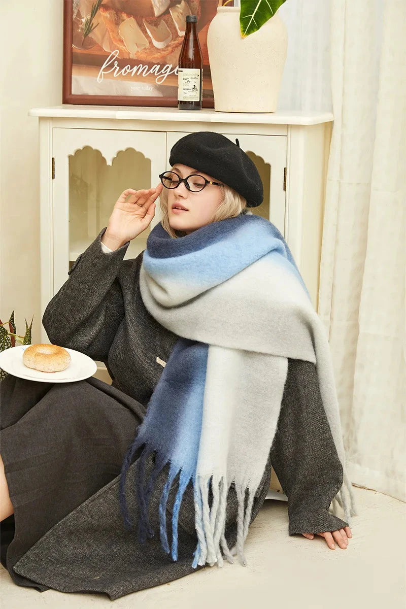 New Fashion Mohair Stripted Tassel Scarf Women Autumn Winter Korean Version Thickened Warm Soft Female Shawl Colorful Muffler