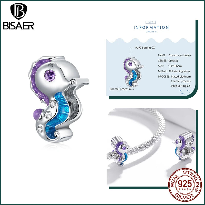 BISAER 925 Sterling Silver Charm Ocean Style Fish Dolphin Mermaid Shell Blue CZ Bead For Necklace&Bracelet DIY Fine Jewelry Gift - AMULET RING STORE