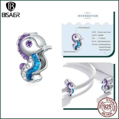 BISAER 925 Sterling Silver Charm Ocean Style Fish Dolphin Mermaid Shell Blue CZ Bead For Necklace&Bracelet DIY Fine Jewelry Gift - AMULET RING STORE