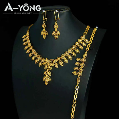 Luxury Dubai Wedding Jewelry Set 21k Gold Plated Arab Bridal Gold Necklace Bracelet Earrings Brazilian Women Vintage Jewelrys