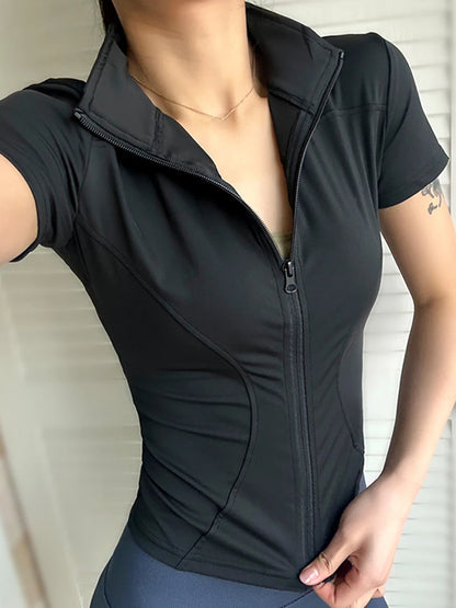 Summer High Quality Waist Slimming Training Tops Women's Quick-drying Tight Stand Collar Full Zipper Short Sleeves Yoga shirts - AMULET RING STORE