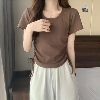 Drawstring Short Sleeve T-shirt Women Spring Summer Spicy Style Slim Fit Short Unique Top M L Xl 2XL Korean Casual Style - AMULET RING STORE