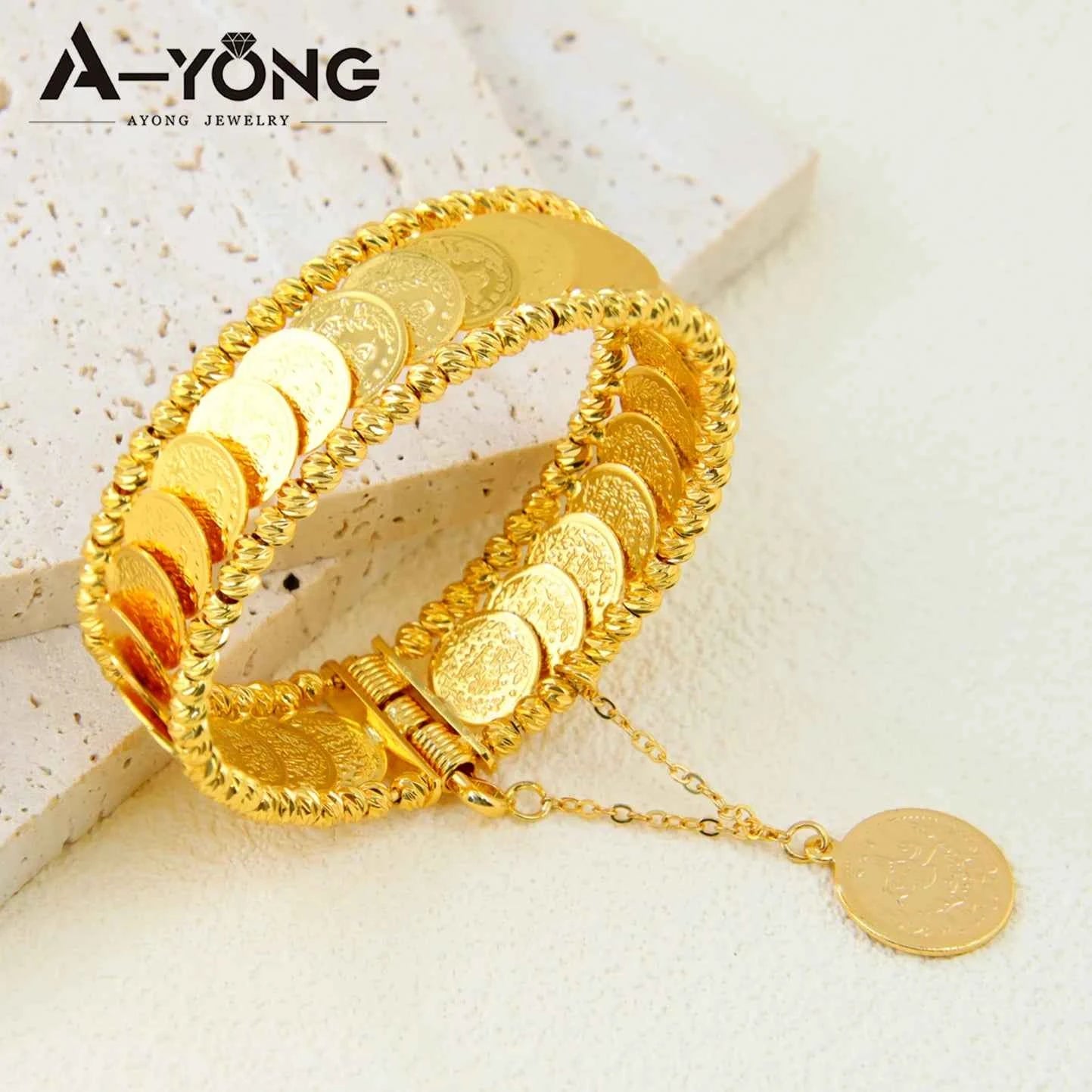 Luxury Turkish Coins Charm Jewelry Set 24k Gold Plated Kurdish Muslim Bridal Open Bangles Ring Middle Eastern Vintage Jewelrys