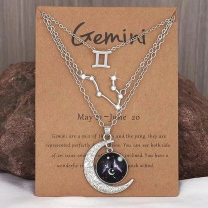 3 Pieces/Set Zodiac Retro Moon Glow Pendant Necklace Set with Birthstone Cards, Birthday Gift for Besties and BFFs
