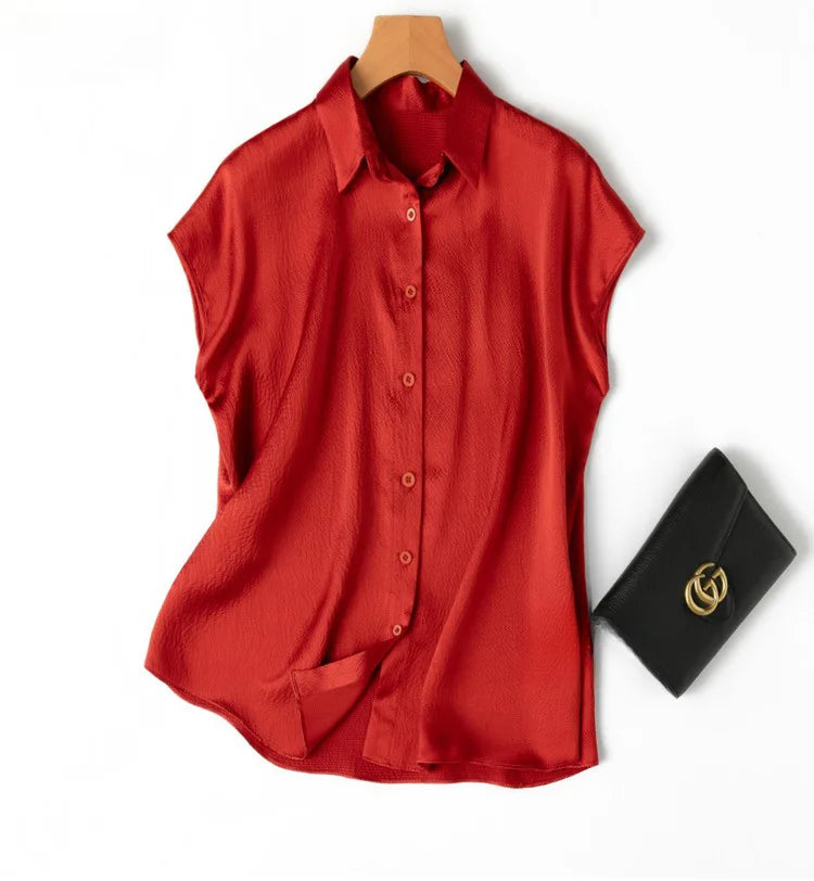 Women 100% Mulberry Silk 20 momme Heavy Silk Peacock Blue Collared Short Sleeve Buttons Down Shirt Top Blouse office work MM567